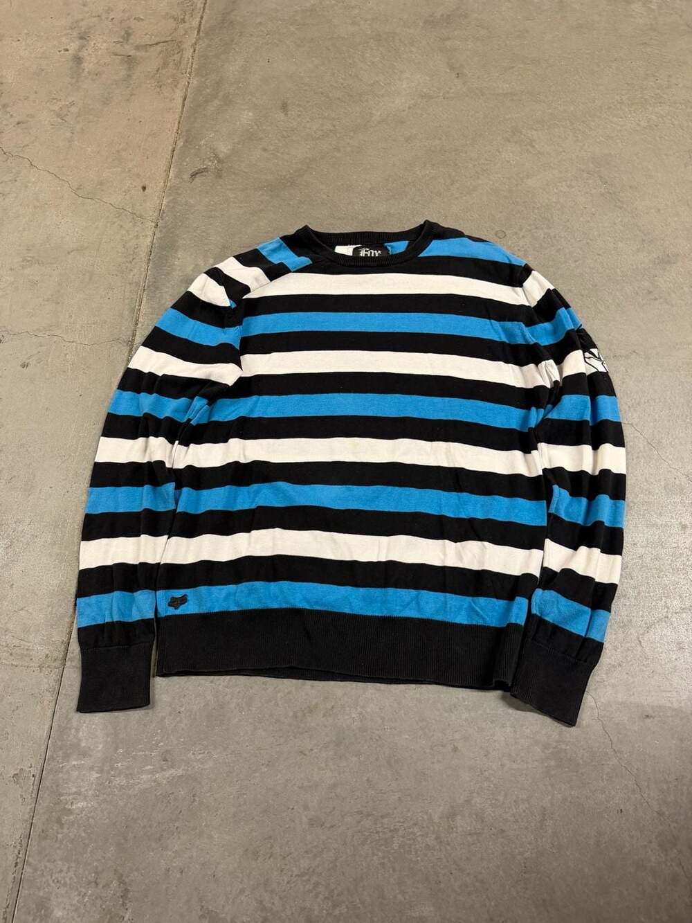 Fox Racing Black White Blue Striped Crewneck Sweater XL Moto Knit Pullover